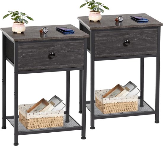 Nachtkastje met stoffen lade, industriële bijzettafels woonkamer met opbergplank, slank nachtkastje voor slaapkamer, kleine ruimtes, Donker Grijs HET03SDDG