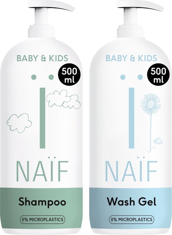 Naïf - Shampoo & Wasgel Voordeelset - XL Pompfles - 2x500ml - Baby's & Kinderen - met Natuurlijke Ingrediënten van Naïf