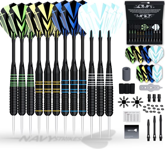 Navy Strikes Dartpijlen Set 23 24 Gram - Set van 12 Pijlen - 2 Soorten Grip - Flights Darts en Dart Shafts - Darten - 108 Delige Set - Smal - Incl Add-a-Gram 25 Gram van Navy Strikes