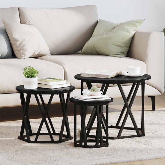 Nesting bijzettafel 3 stuks zwart eiken look met stalen frame voor woonkamer lounge praktische legplank