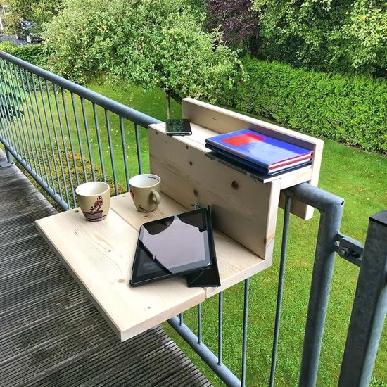 Niet Inklapbaar XL - Balkonbar - Balkon tafel - 50 cm - Hout - Transparante Waslaag - Reling Breed