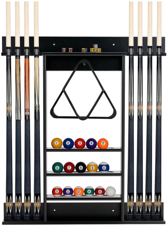 Noventra Pooltafel Accessoires Set – Biljartkeu Houder voor 8 Keuen – Biljartballenrek voor 15 Ballen – Wandhouder – Zwart