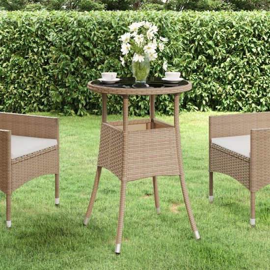 Ø60x75 cm van gehard glas en polyrotan in beige met gepoedercoat stalen frame voor terras en tuin duurzaam en gemakkelijk te reinigen
