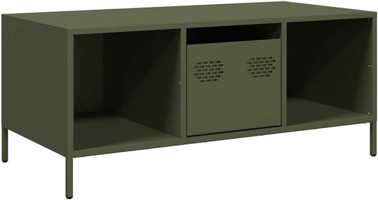 Olijfgroen, 101,5 x 50 x 43,5 cm, van koudgewalst staal, industriële stijl, bijzettafel met schuifdeur en verstelbare poten, salontafel voor woonkamer