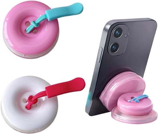 Ondersteuning voor Telefoon met Ring en 3D Drukknop - Vouwbaar Design in Wit en Roze voor Smartphones en Tablets