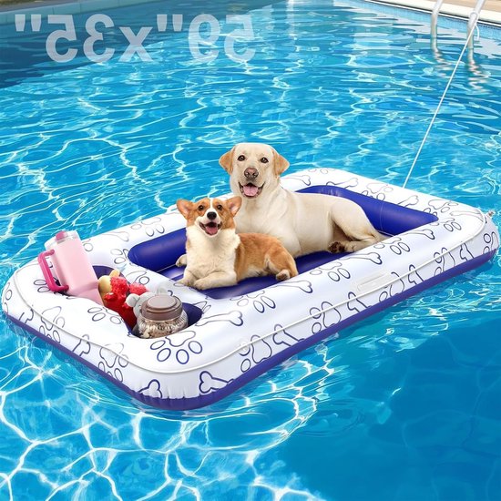 Opblaasbare hondenpool float voor kleine, middelgrote en grote honden tot 100 kg, drijvende hondenlounge met handvaten en snackruimte, ideaal voor strand en meer, 150 x 90 cm, blauw