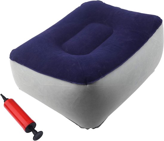 Opblaasbare Voetsteun voor Ondersteuning van Benen, Lichtgewicht en Compact, Inclusief Luchtpomp, Ideaal voor Reizen, Thuis en Op Kantoor, 37 x 28 x 15 cm (Blauw)