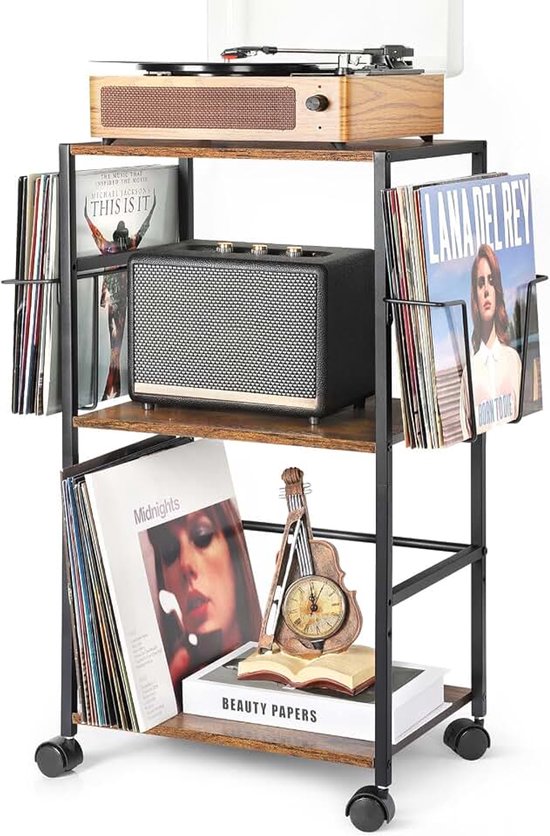 Opslag van Vinylplaten,Rollende Bijzettafel met Platenspeler Standaard,Eindtafel Kar Tot 150 Albums Opnemen,Draaitafelstandaard met 2 Vinyl Weergave