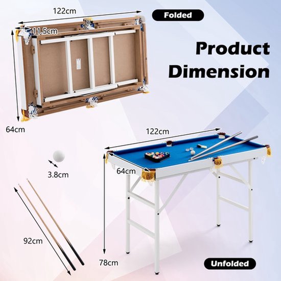 Opvouwbare Pooltafel – Biljarttafel – Speeltafel – Billiardtafel – Tafelbiljart – 122 cm Compact Formaat – Inclusief Compleet Accessoireset van Merkloos