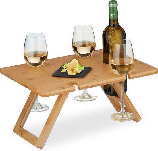Opvouwbare wijntafel, HBD: 20x40x30 cm, houder voor 4 wijnglazen & 1 fles, bamboe, wijn bijzettafel, naturel