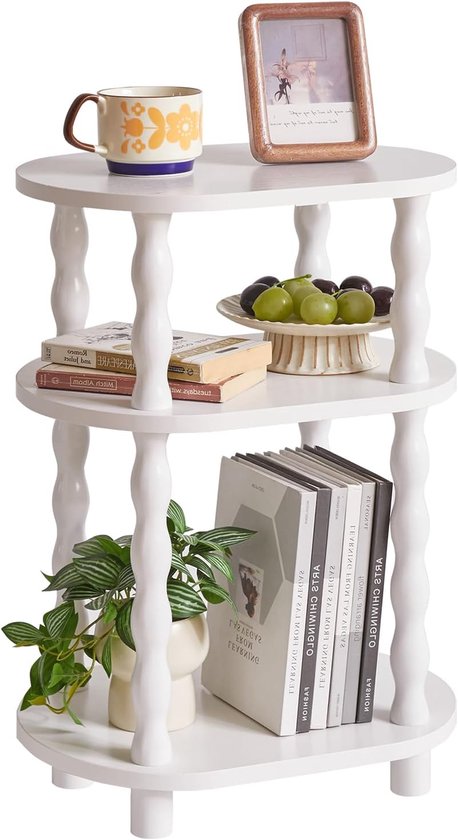Ovale Bijzettafel, 3-Laags Kleine Bijzettafel voor Kleine Ruimtes, Modern Nachtkastje met Massief Houten Poten voor Slaapkamer, Woonkamer, Ruimtebesparend, Wit YD-ST004W