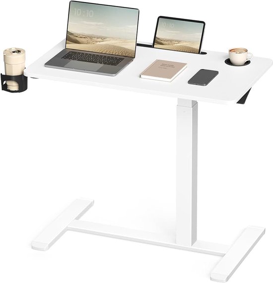 Overbed tafel met wielen, klein sta-bureau, 80 x 45 cm tafelblad, in hoogte verstelbaar, 2 bekerhouders, telefoon- en tabletsleuf, wolkwit LSD601W01