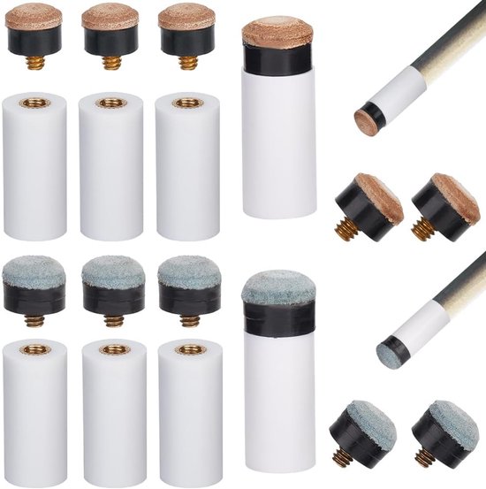 Pack of 24 billard cuts - brass billiard replacement tips - white plastic cue rod sleeves - soft selection tips - grey brown cow leather - cue head cover