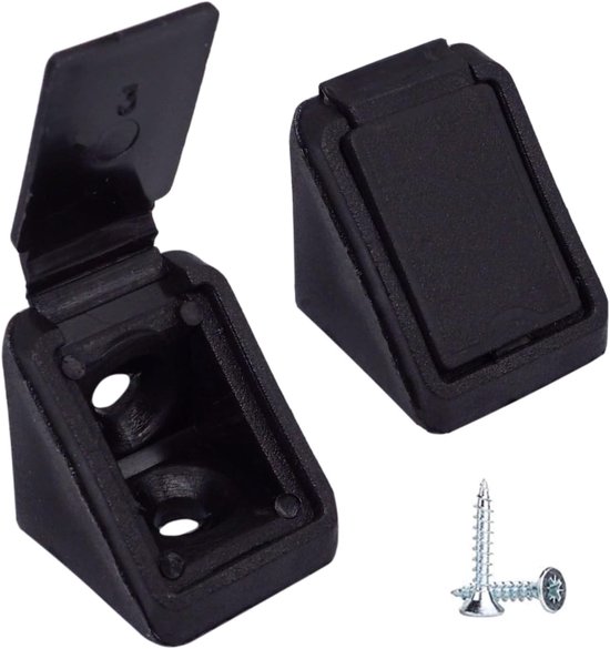 (Pack van 100 stuks) Zwarte plankbeugels 20 x 20 mm, Meubelhoekverbindingen, 90 graden kunststof hoekbeugelverbinding, rechte hoek, schroeven inbegrepen (100, zwart)