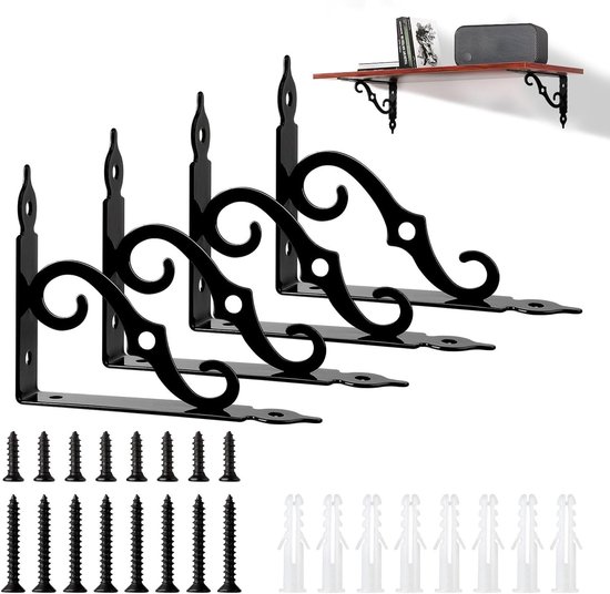 Pack van 4 Zwarte Metalen Plankhouders 14 cm Hoeksteun Vintage Stijl S-vormige Steunen voor Zware Lasten Wandplanken