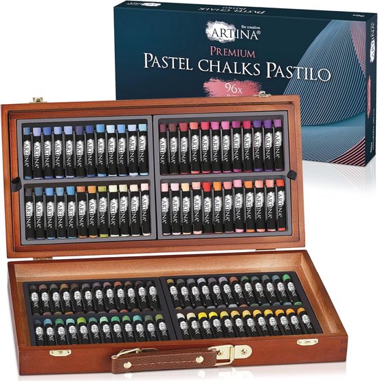 Pastel Krijtset in FSC Houten Kist - 96 Stuk Hoge Kwaliteit Zachte Pastelkrijtjes