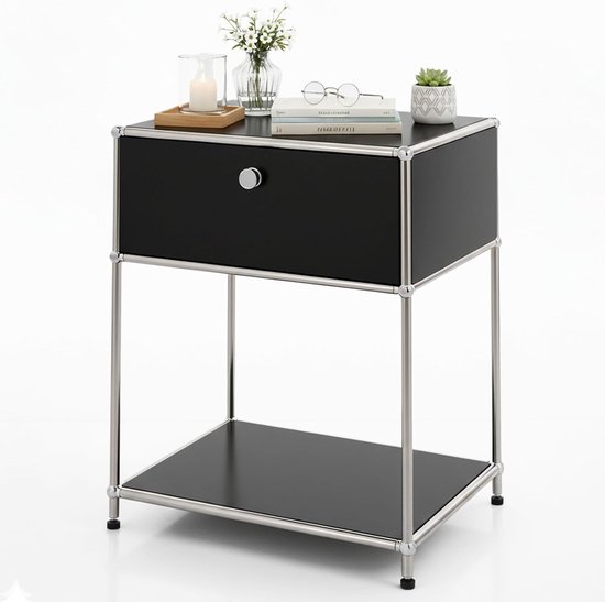 Plank, metalen plank, bijzettafel - zwart, chroom, 63Hx50Bx40D cm - modulair insteeksysteem in modern design, metalen plank voor woonkamer, kantoor, hal - nachtkastje Concept Epure MK-139