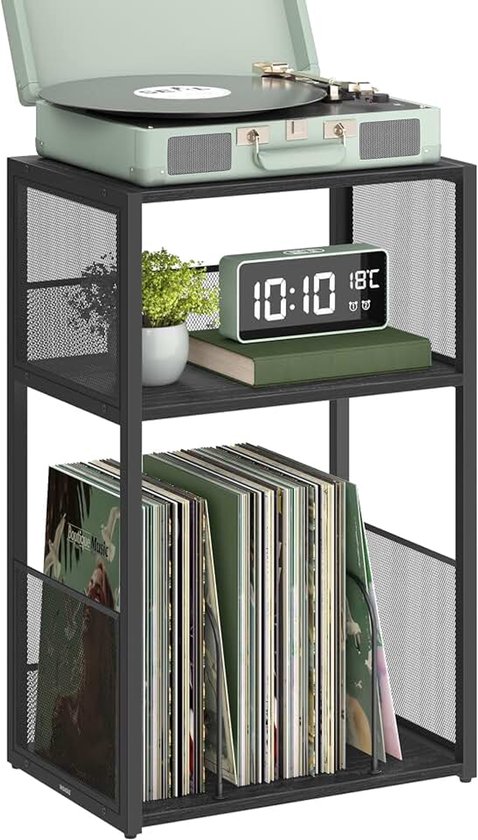 Platenspelerstandaard, bijzettafel met 3 niveaus, vinyl platenopslag tot 100 albums, bijzettafel voor woonkamer, slaapkamer, zwart LET275B01