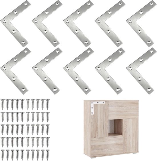 Platte Hoekbrace Roestvrij,Hoekverbinders L-vorm Hoekbeugels,Stalen Platen Hoekbeugels met Schroeven voor Meubels Bureau Tafel Plank Reparatie,80 x 80 mm,10 Stuks