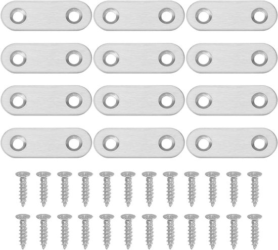 Platte reparatieplaat 4,8 cm x 1,5 cm, 12 stuks roestvrijstalen rechte platte beugel voor planken hoekbeugels beugels metalen bevestigingsplaten voor houten meubels kast frame reparatie