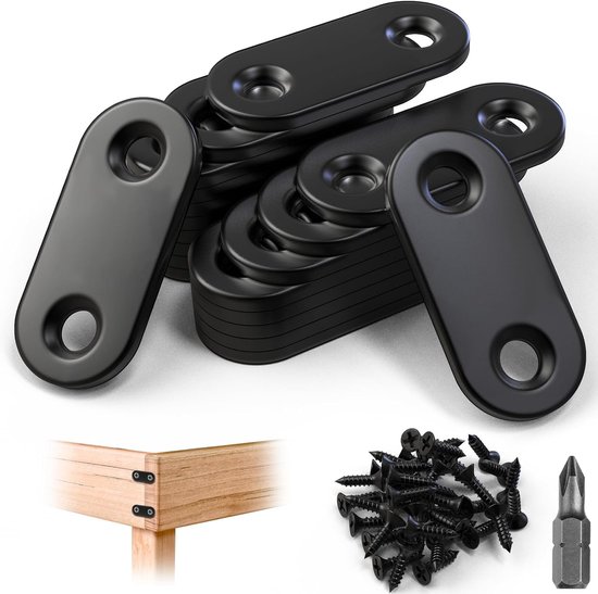 Platte verbinder, zwart, verbindingsplaat, 15 x 36 mm, geperforeerde plaat, 20 stuks, platte ijzer, geperforeerd met schroeven en bit, houten connector, metaal, voor bevestiging van meubels