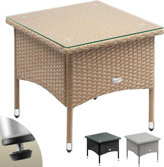 Polyrattan Bijzettafel 50x50x45cm Glazen Tafelblad Verstelbare Hoogte Tuin Tafel Salontafel Buiten Crème