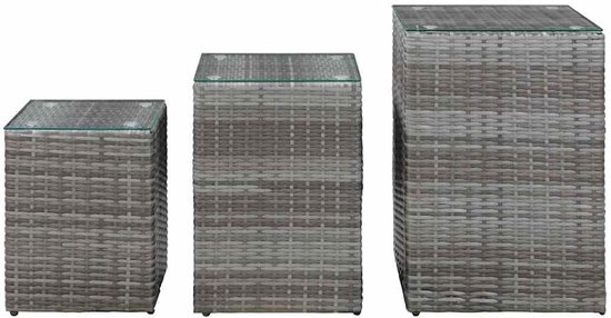 Polyrotan, 3 stuks, Glazen tafelbladen, Grijs