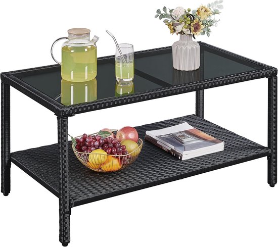 Polyrotan tuintafel, bijzettafel met glasplaat en plank, balkontafel