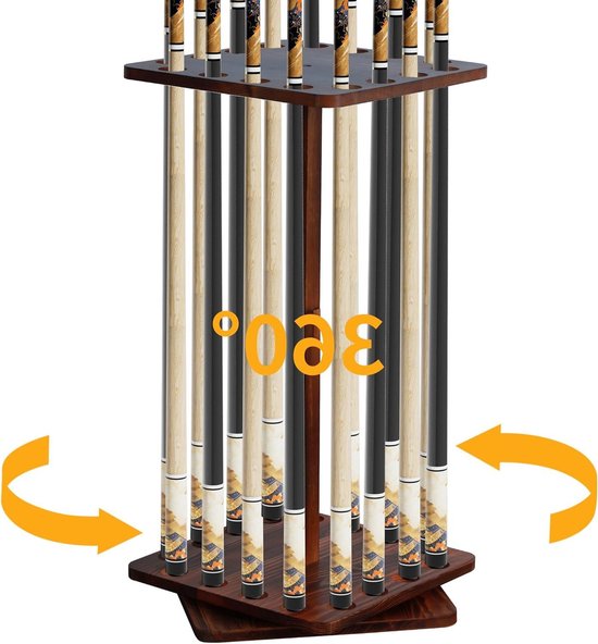 Pool Cue Holder - Billiard Rack - Opbergen Keu's - 360 Graden Draaibaar - 16 Keu's - Houtkleur