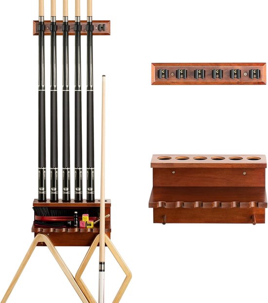 Pool Keu Houder - Biljart Keu Rack - Keu Opslag - Wandmontage Ontwerp - Houdt 6 Keuen Vast - Bruin