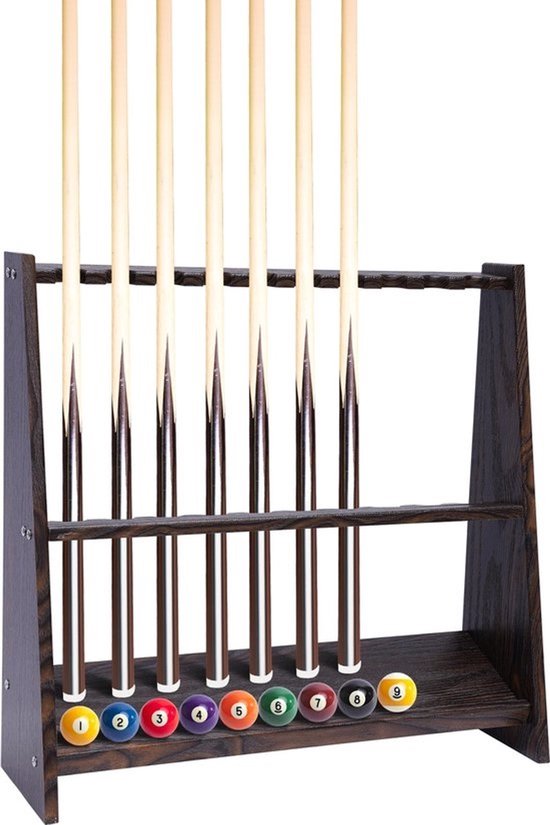 Poolkeuhouder - Poolstick houder - biljartkeurek van hout - 10 sticks - Hout - Biljartstickhouder - rek voor 10 keuen - Keuhouder voor wand en vloer - Biljartaccessoires - 57 x 60cmm - Bruin
