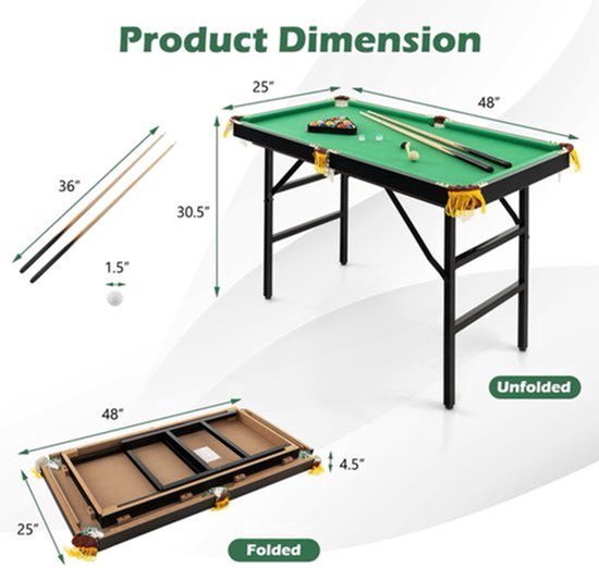 Pooltafel - Biljarttafel - Mini Pooltafel - Tafelbiljart - Speeltafel - Inklapbaar - Compact Formaat 122x64 cm - MDF Met Metalen Frame