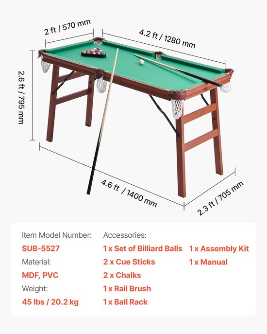Pooltafel - Opvouwbaar Draagbaar Model - Afmeting 140 cm - Ruimtebesparend - Compleet met Ballen, Keu, Driehoek, Krijt en Borstel - Bruin met Groen Laken