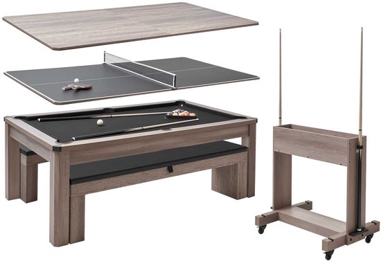 Pooltafel/Biljarttafel 214 cm - 3-in-1 Combitafel - Met eettafelblad en tafeltennisblad - 2 Banken met opbergruimte - Draagvermogen 137 kg - Inclusief keustandaard en krijtborstel