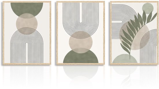 Poster Saliegroen en Beige, Minimalistische Geometrische Muurposters voor Slaapkamer Woonkamer 12x16 in Niet Ingelijst Set van 3