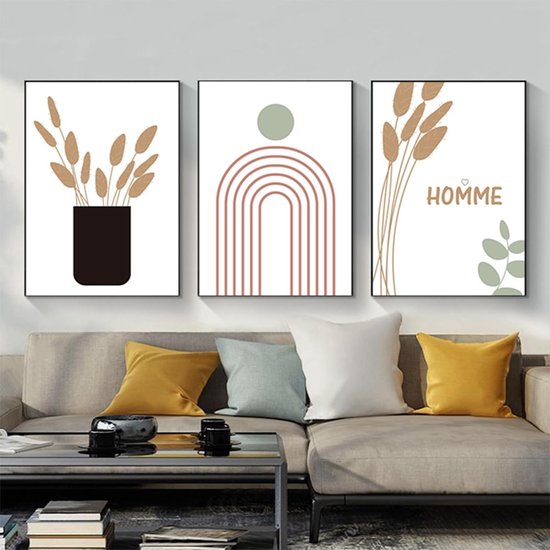 Posters abstracte botanische bladprint posters, moderne abstracte Boheemse posters, zonder lijst (afbeelding-07, 40 x 60 cm x 3 stuks)