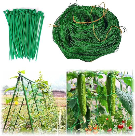 Premium klimnet 5 m x 2 m voor optimale oogst van komkommers, tomaten en groenteplanten, inclusief 50 groene kabelbinders