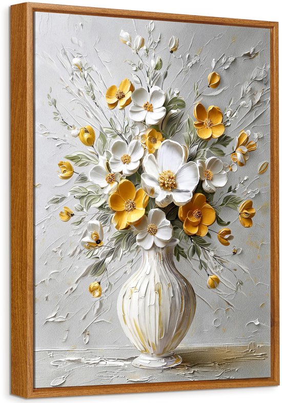 Print op canvas met modern frame, wit, geel, beige, bloemen, schilderijen op canvas, poster, bloemen, botanische planten in pot, moderne foto's, poster, wandprint, woonkamer, slaapkamer, 30 x 40 cm