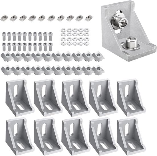 profielhoek 30 x 30 hoekconnectoren aluminium profiel met lensschroef, schuifmoer, T-moeren, sluitring voor veerprofiel, groefprofiel, montageprofiel, 10 stuks