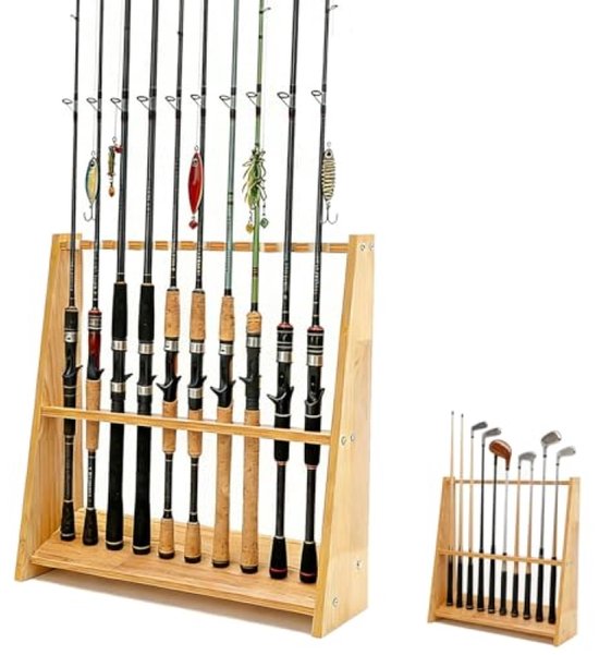 PromoHome Houten Biljartkeu & Hengelhouder - 10 Vaks - 60 x 18,5 x 57 cm - Organizer voor Biljartkeus, Hengels, Golfclubs & Skistokken