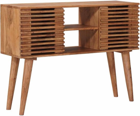 Rechthoekige bijzettafel van massief acaciahout, 100 x 30 x 75 cm, moderne minimalistische stijl met horizontaal lattenpatroon, ideaal als smal accent