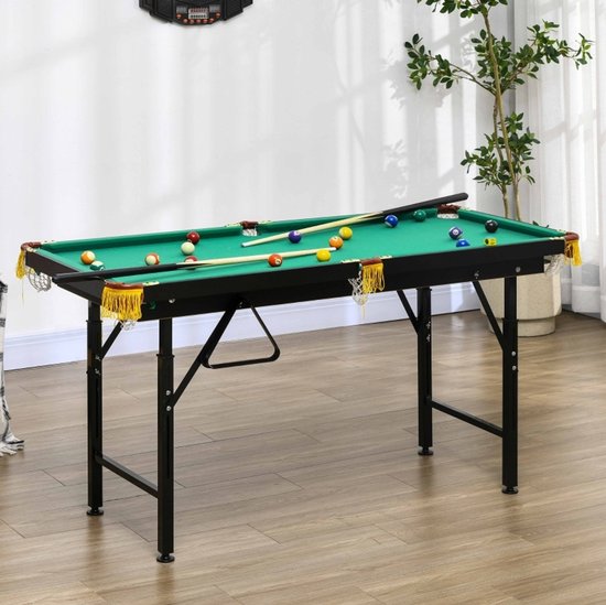 REDOM - Biljarttafel - Klapbaar en in hoogte verstelbaar - Inclusief 2 keuen, ballen, driehoek, borstel en krijt - Voor thuisgebruik - Hout - Groen - 140 x 63 x 55-75 cm