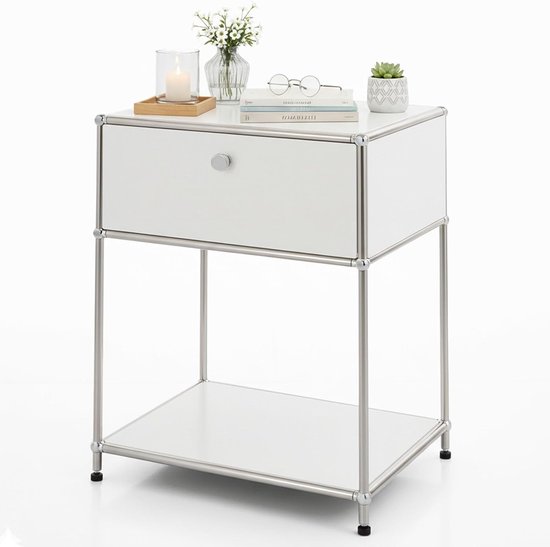 Regal, metalen rek, bijzettafel - Wit, Chroom, 63Hx50Bx40D cm - Modulair steeksysteem in modern design, metalen rek voor woonkamer, kantoor, gang - Nachtkastje Concept Epure MK-139