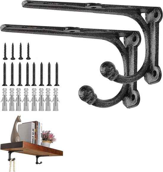 Robuuste Zwarte Planksteunen met Haak, Stevige Plankbeugels 15 x 8.5 cm - Set van 2 voor Wandplanken en Decoratie van Merkloos