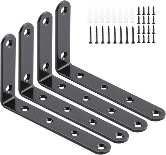 Roestvrijstalen hoekplankdragers in zwart, L-vormige 90 graden metalen hoeksteunen voor wandmontage, ideaal voor houten meubels en decoratie, 12,5 x 7,5 x 2 cm, set van 4 stuks