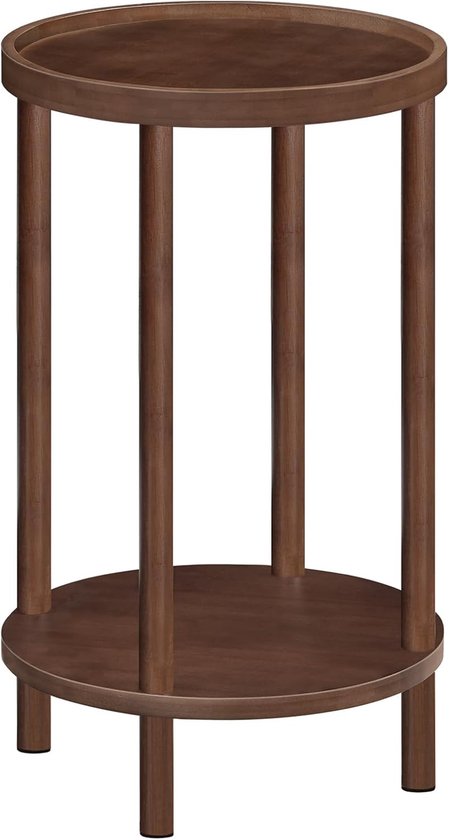 Ronde Bamboe Bijzettafel, Nachtkastje met 2 Niveaus en Opstaande Rand, voor kleine ruimtes, woonkamer, slaapkamer, hal, entree, Bruine kleur EMA156BZ01