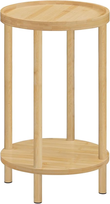 Ronde Bamboe Bijzettafel, Nachtkastje met 2 Niveaus en Opstaande Rand, voor kleine ruimtes, woonkamer, slaapkamer, hal, entree, Naturel EYL156BZ01