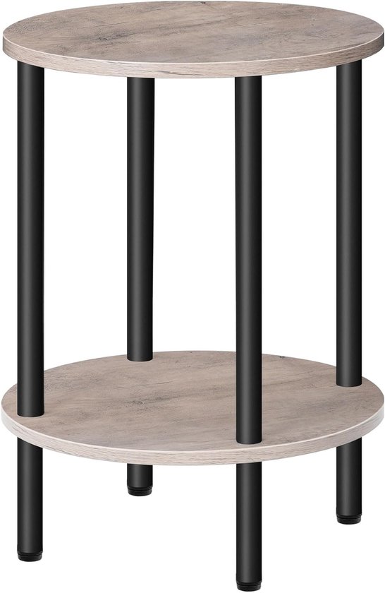 Ronde bijzettafel, 2-laags bijzettafel, klein rond nachtkastje met stevige metalen buis, industriële salontafel rond, voor woonkamer, slaapkamer, grijs en zwart DTBZ01BG