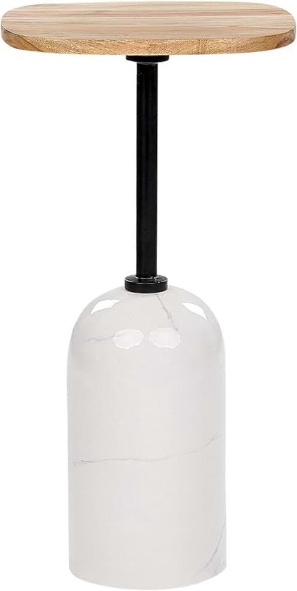 Ronde bijzettafel geometrisch licht acaciahout tafelblad metalen onderstel wit marmereffect Oasis