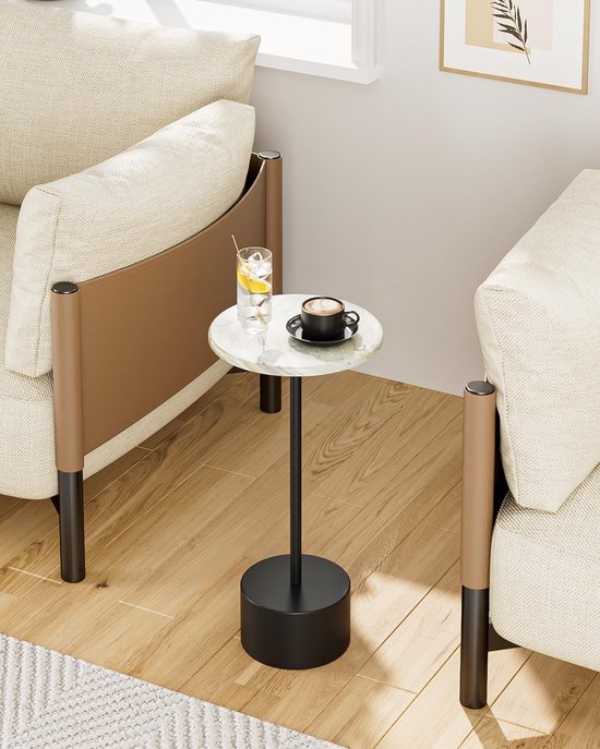 ronde bijzettafel, kleine cocktailtafel, witte salontafel met marmeren patroon, drinktafel voor kleine ruimtes, woonkamer, slaapkamer, wit & zwart